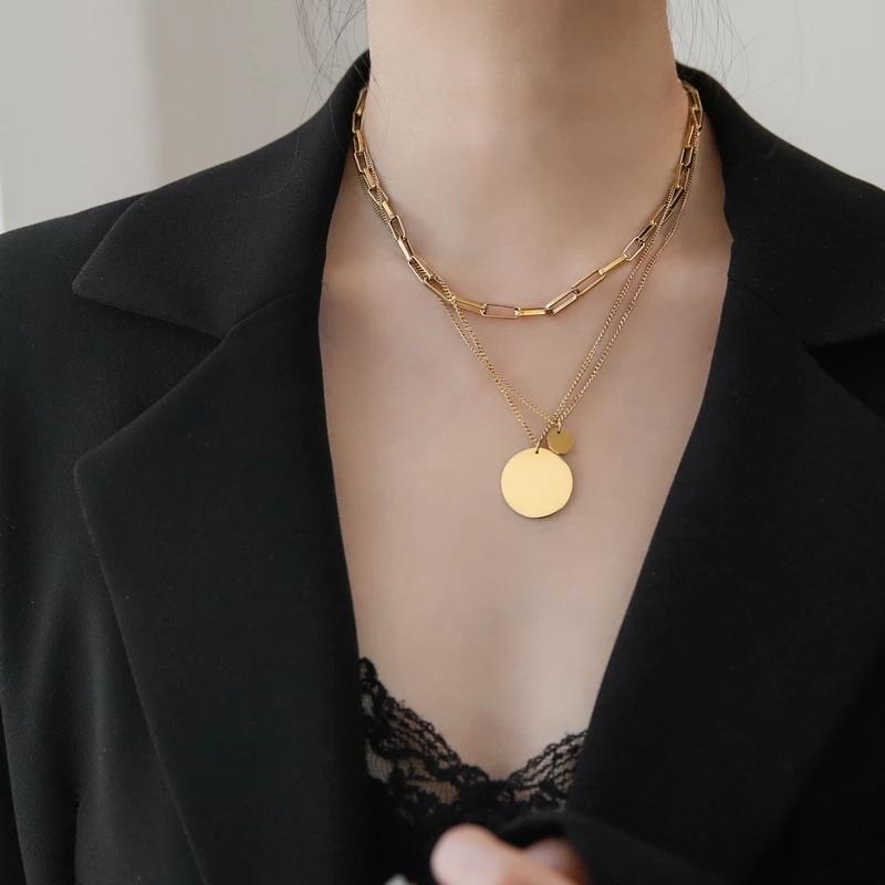 

Pendant Necklaces RUO 18K Gold Plated 3 Chain Round Card Necklace Fashion 316 L Stainless Steel Jewelry Woman Birthday Gift Never FadePendan