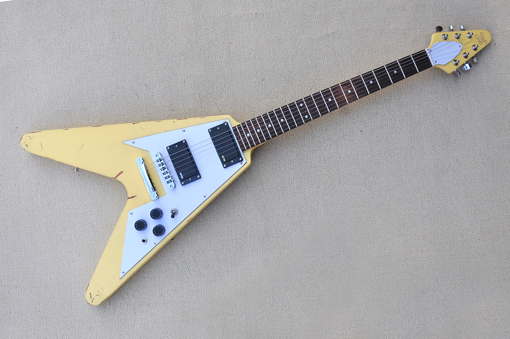

Factory Flying V Matte Milk Yellow electric guitar with Mahogany Body and neck,Chrome Hardware,Relic Style Body,Special pattern,can be customized