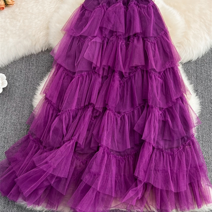 TIGENA Tutu Tulle Long Skirts Spring Korean Solid A Line High Waist Mesh Tiered Maxi Skirt Female Faldas Aesthetic 220611