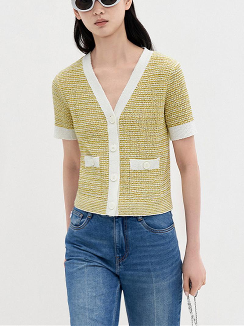 

Women' Knits & Tees Women V-Neck Contrast Color Knit Sweater Cardigan Short Sleeve Slim Ladies Single-Breasted Knitwear Outwear Tops 2022, Yellow