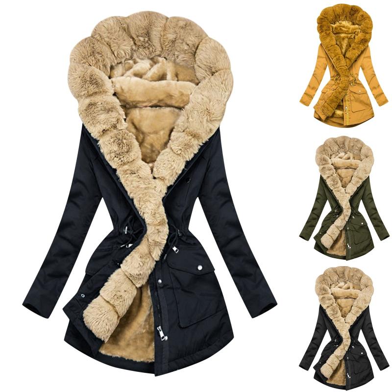 

Women' Trench Coats Women Fashion Luxury Faux Fur Coat Hooded Autumn Winter Warm Overcoat Woman Fake Solid Color Female LadiesWomen