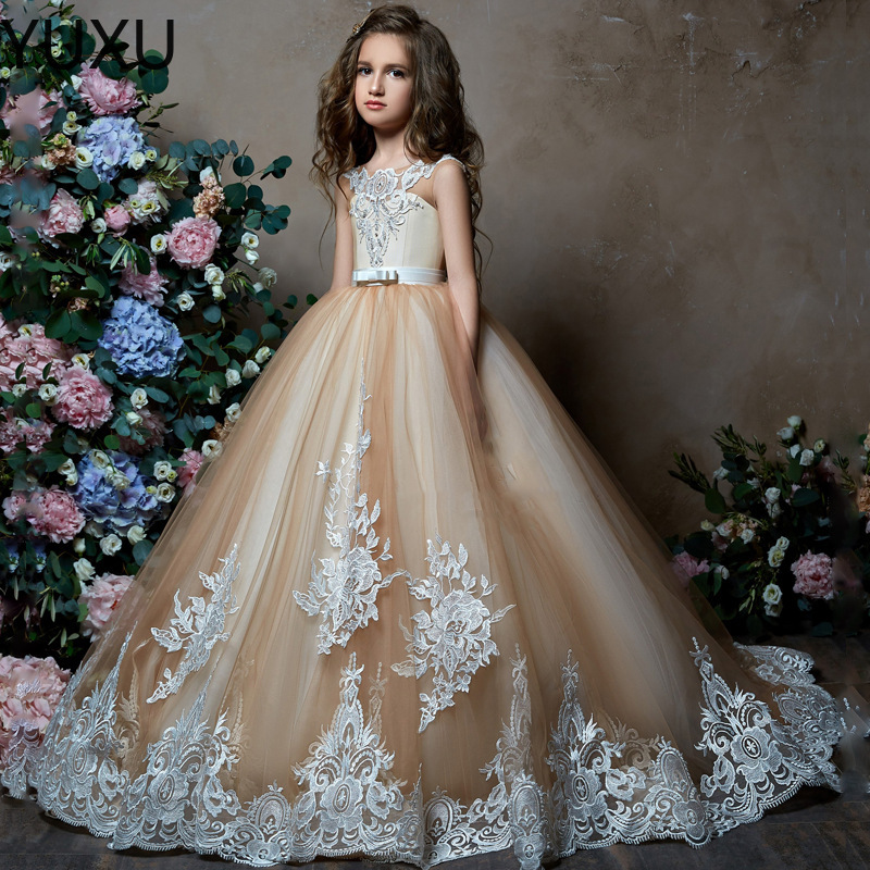 Gold High Quality Girls Pageant Gowns Lace Applique Sleeveless Lace Flower Girl Dresses for Wedding Purple Tulle Puffy Kids Communion Dress-image-759244287
