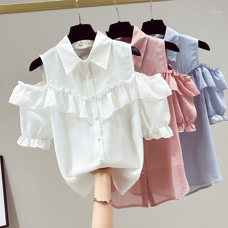 

Women' Blouses & Shirts Womens Tops And Summer Women 2022 White Blouse Short Sleeve Chiffon Shirt Off Shoulder Pink, Blue