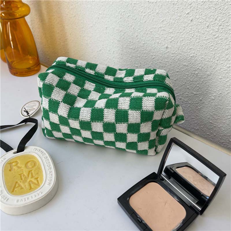 

3pcs Cosmetic Bags Women Knitted Grid Large Capacity Solid Makeup Bag Mix Colors, Black