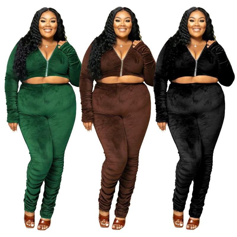 

Women's Two Piece Pants Pieces Women Set Velvet Autumn Winter Pleats Long Sleeves Top With Zipper High Waist Skinny Tracksuits Plus Size, Black