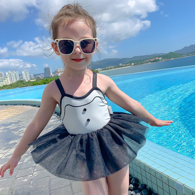 

kids designer one-piece swimsuit fashion children lace ruffle Splicing Spaghetti Strap swimwear summer backless Bathing Suits for girls with hat S2045, Black-s2044