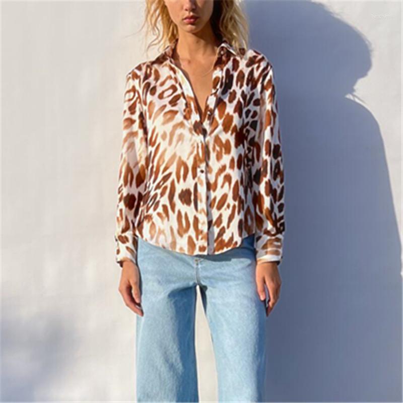 

Women's Blouses & Shirts Spring Women's Fashion Temperament Long-sleeved Lapel Button Closure Animal Print Drape ShirtWomen's, As shown