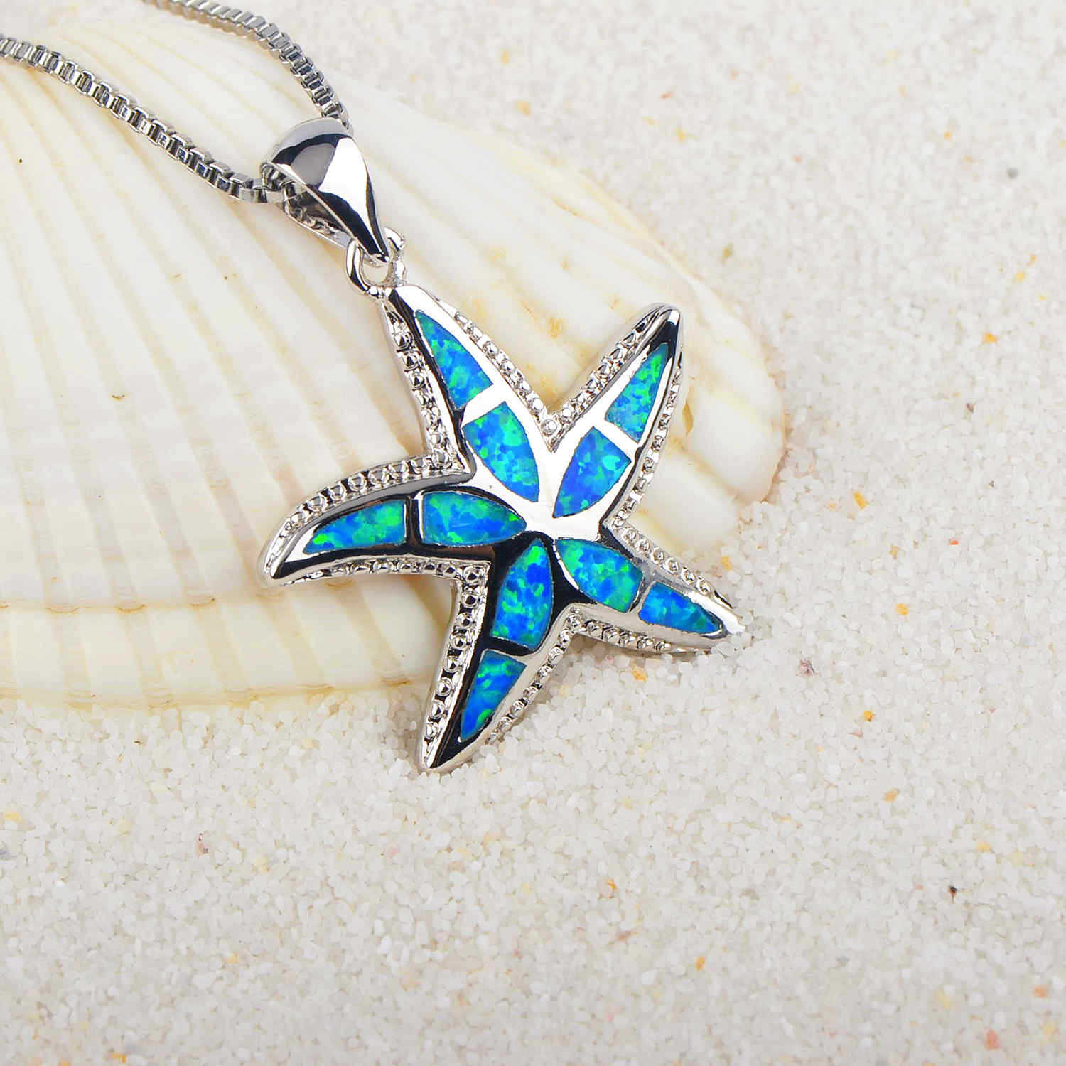 real 925 sterling silver necklace created blue opal Starfish pendant for women jewelry-image-760366691