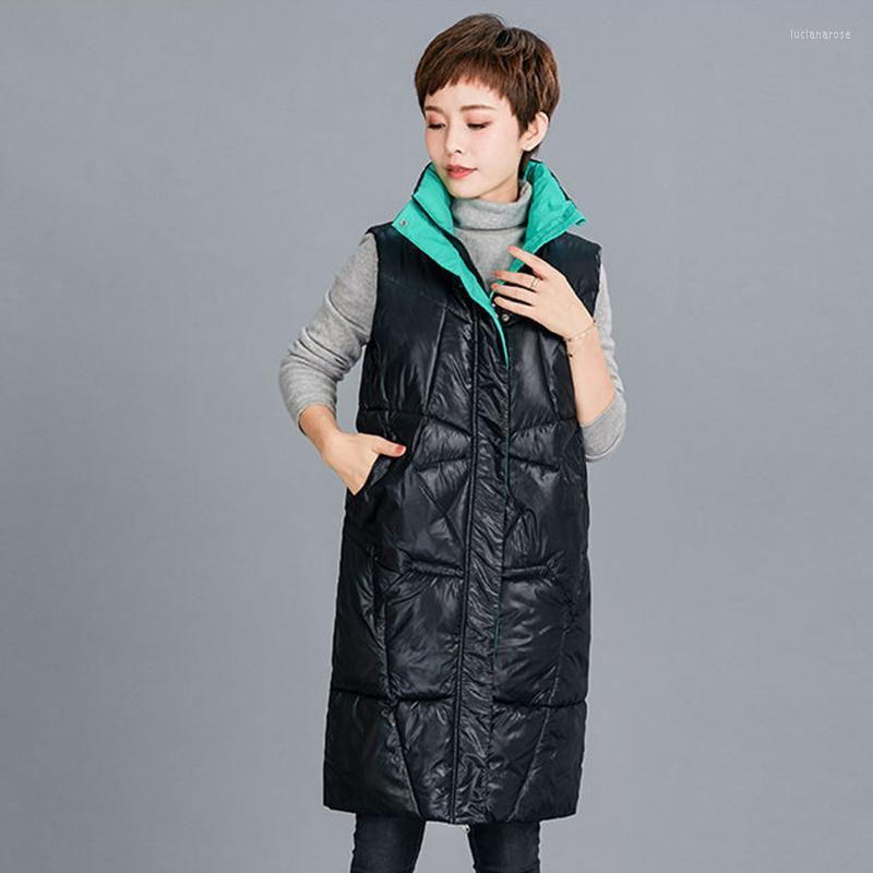 

Women's Down & Parkas FTLZZ Autumn Winter Women Vest Cotton Coat Casual Stand Collar Zipper Buttons Sleeveless Jacket Warm Solid Color Long, Black