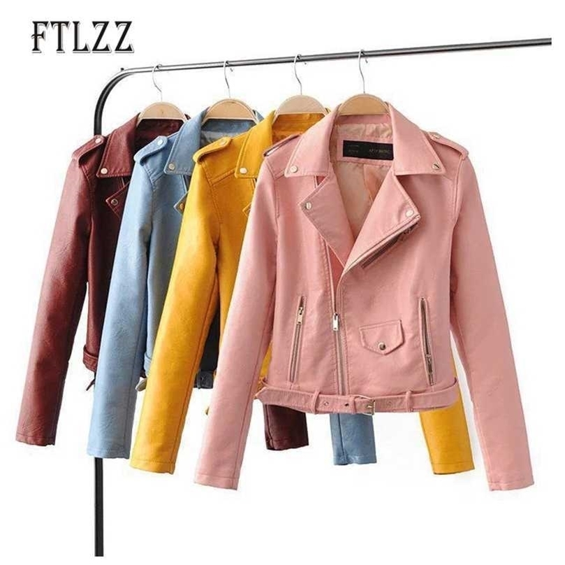 

Women Fashion Short Leather Jacket Autumn Ladies Turn Down Collar Zippe Motorcycle Pu Faux Leahter Outerwear 210525