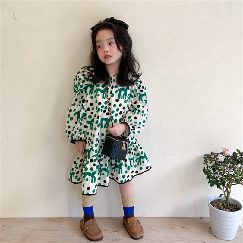 Girls Polka Dot Dress Spring Summer Baby Girl Korean Horse Print Puff Sleeve Dresses 3-7Y Children's Princess Clothing 220422