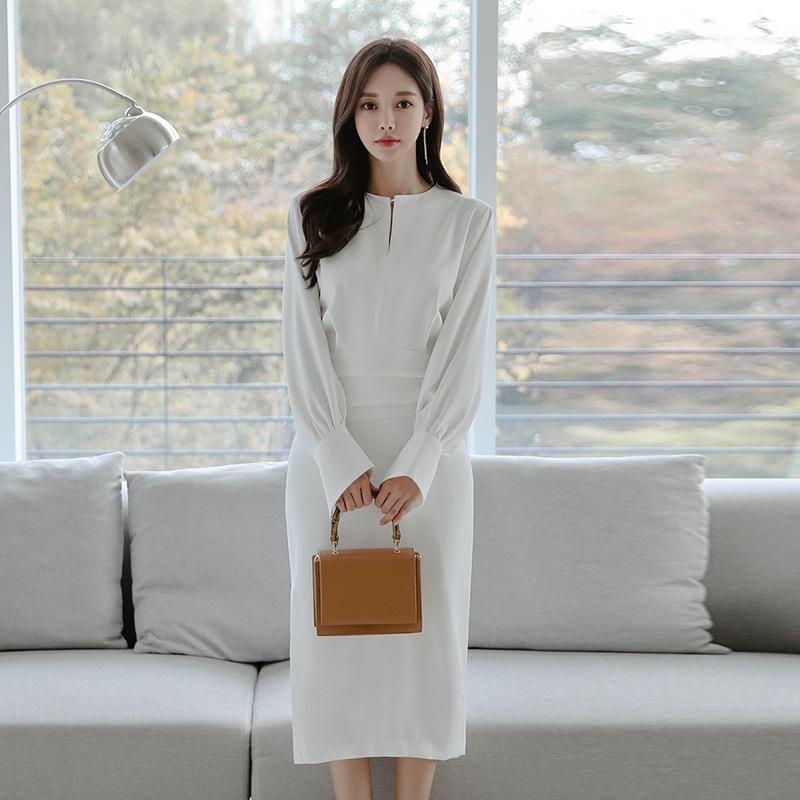 

Casual Dresses -XL Plus Size Elegant Dress Women Midi Split Winter Ladies Long Sleeve Corset Lantern White