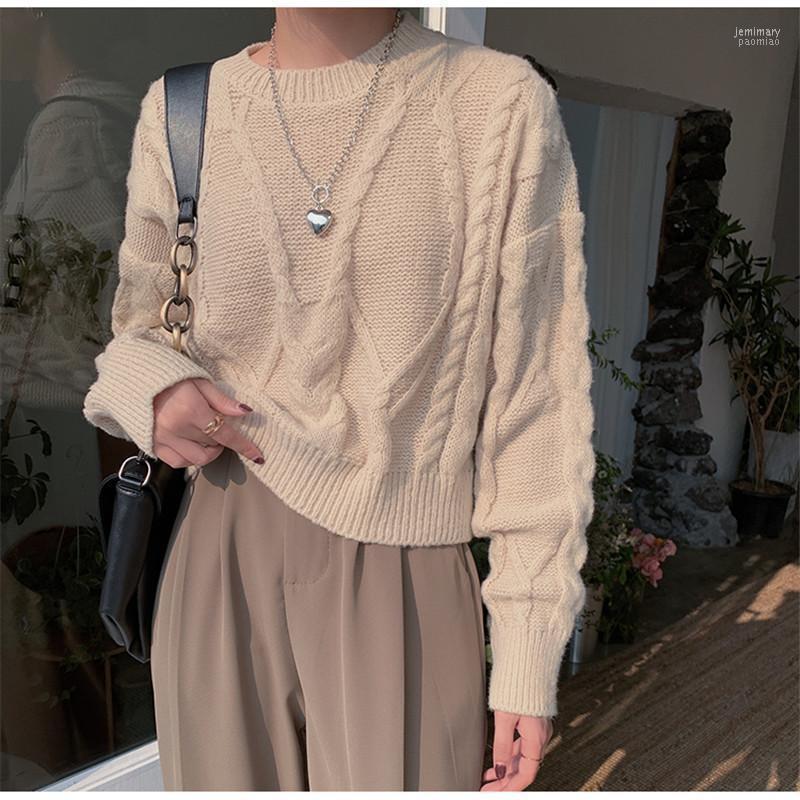 

Women's Sweaters 2022 Autumn Women Female Pullover Knitted Short Tops Solid Twist O-neck Loose Elegant Office Lady Casual All Match Jemi22, Khaki