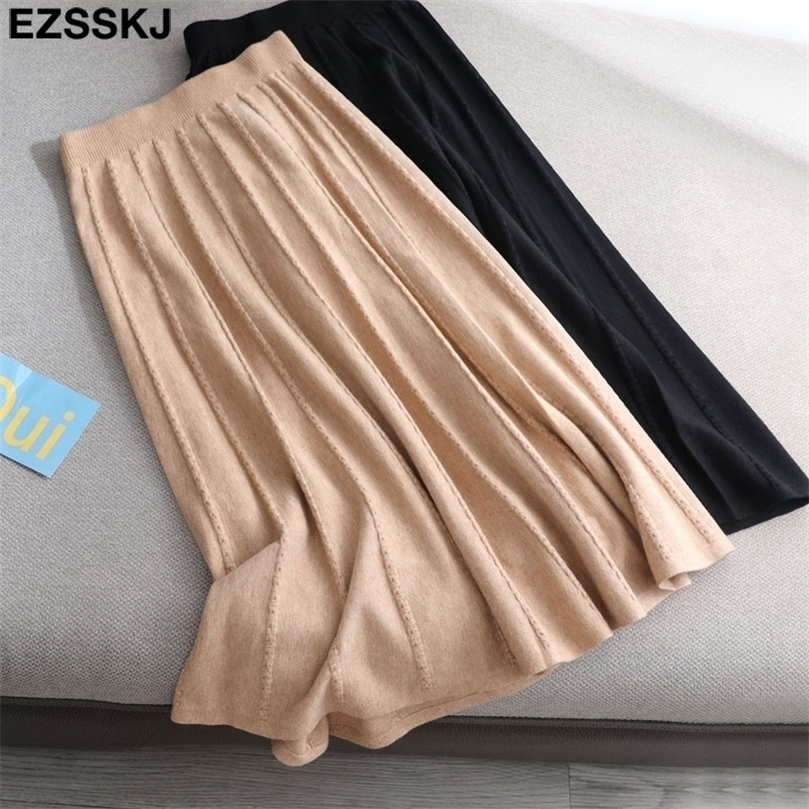 

high quality A-line long Thick sweater skirt female autumn winter warm mid-length knit women 220401, Beige