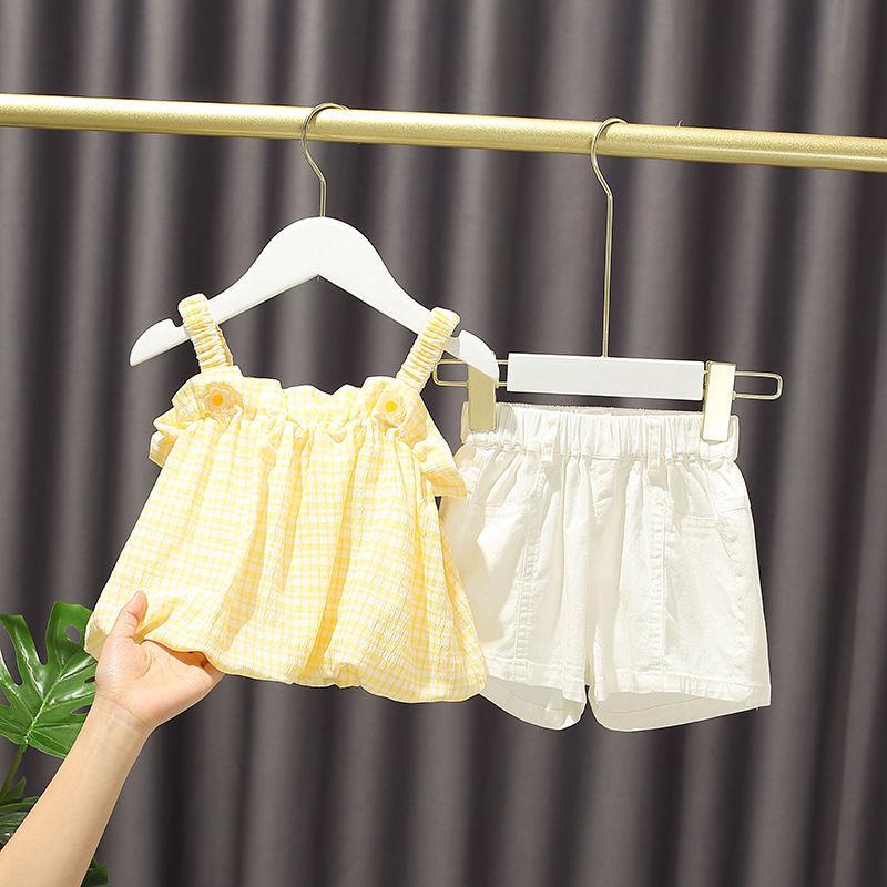 

Clothing Sets Summer Toddler Girls Set Fashion Kids Short Sleeve Condole Belt Tops + Shorts Suit Casual Cotton Outfit Children, Yellow