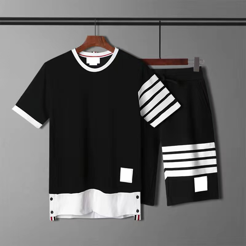 

men women T-Shirts pure cotton Loopback Jersey brown Knit Engineered thom Summer wear arm stripe Sweatshirt Crewneck Pullover S-4XL T1, 5/light grey