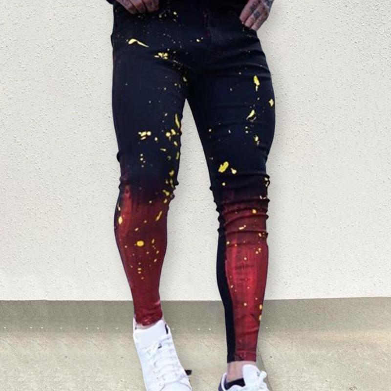 

Men's Jeans Men Contrast Colors Slim Fit Zipper Gradient Paint Spots Denim Trousers Male Casual Sport Jogging JeanMen's, Black