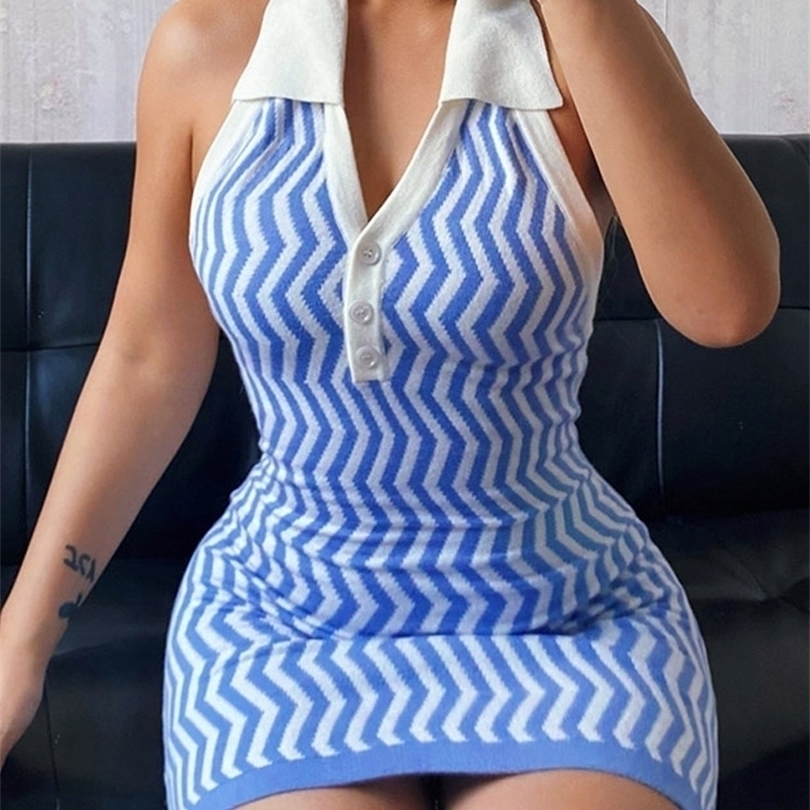 

Blue Knitted Bodycon Dress Women Summer Halter Backless Mini Vintage Striped Sexy Short Beach Club Wear 220509