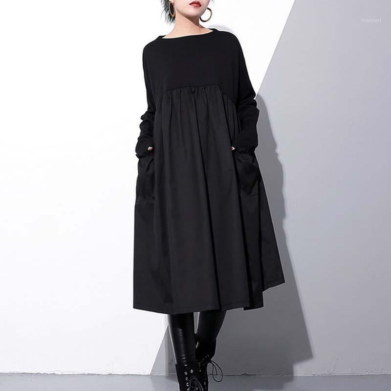 

Casual Dresses Fashion Black 2022 Spring Women Dress O-Neck Long Sleeve Patchwork Loose A-Line Pockets RE2240