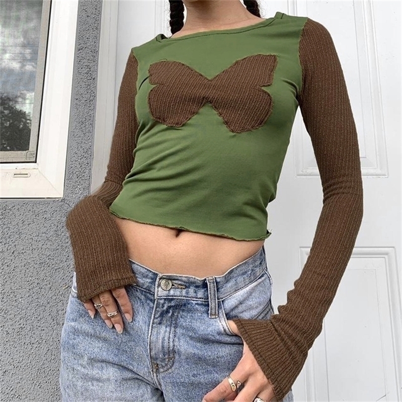 

aplikacje z motylem Tshirt y2k estetyczny kontrast z swetry Tees Harajuku Grunge Top kobiety ubrania Vintage 220811, As picture