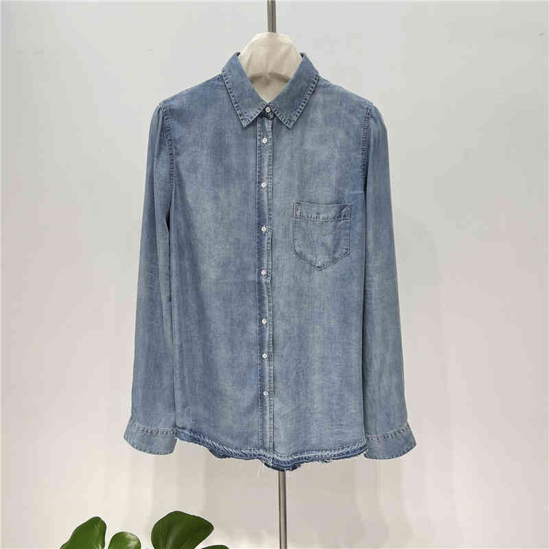 Women's Polos College style spring and autumn Vintage lapel pocket Tencel Denim Blue Long Sleeve Shirt Top Female