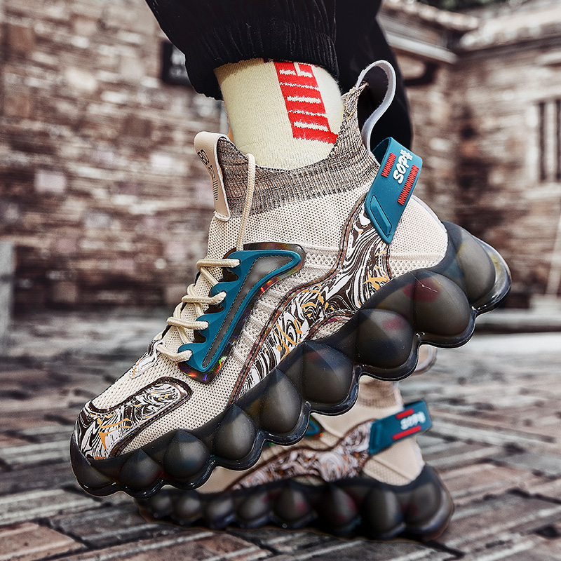 

High Quality Casual Sports Shoes Men PU Stitching Knitted Mesh Surface Breathable and Comfortable Egg Bottom Fashion All-match Lace-up High-top Running Shoes DH863, Clear