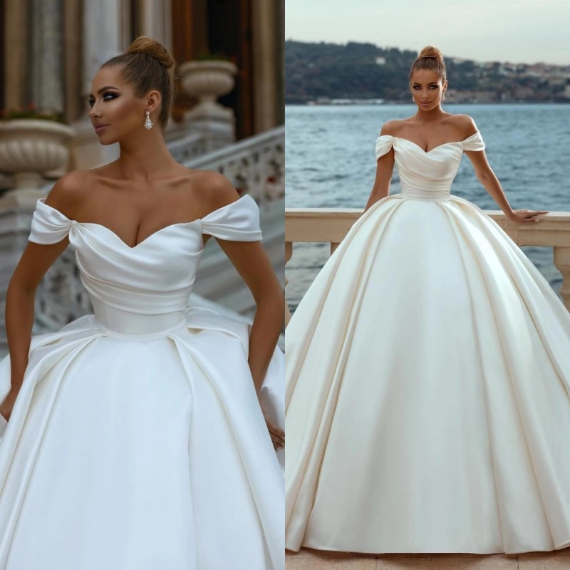 

2022 Elegant Sweetheart Off-the-shoulder Ball Gown Wedding Dresses Sweep Train Satin Bridal Gowns BC12593, White