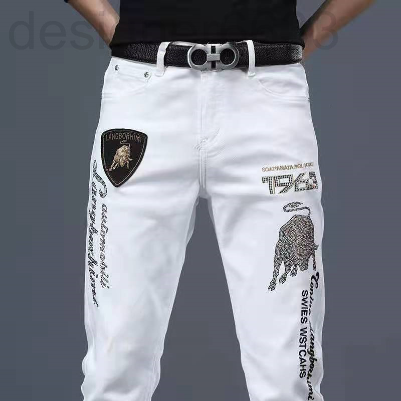 

Men's Jeans Designer Trendy Spring and Summer Slim Fit Embroidered Leggings Personalized Cattle Diamond Trend Handsome Elastic White Men W80E, 2# packing bag