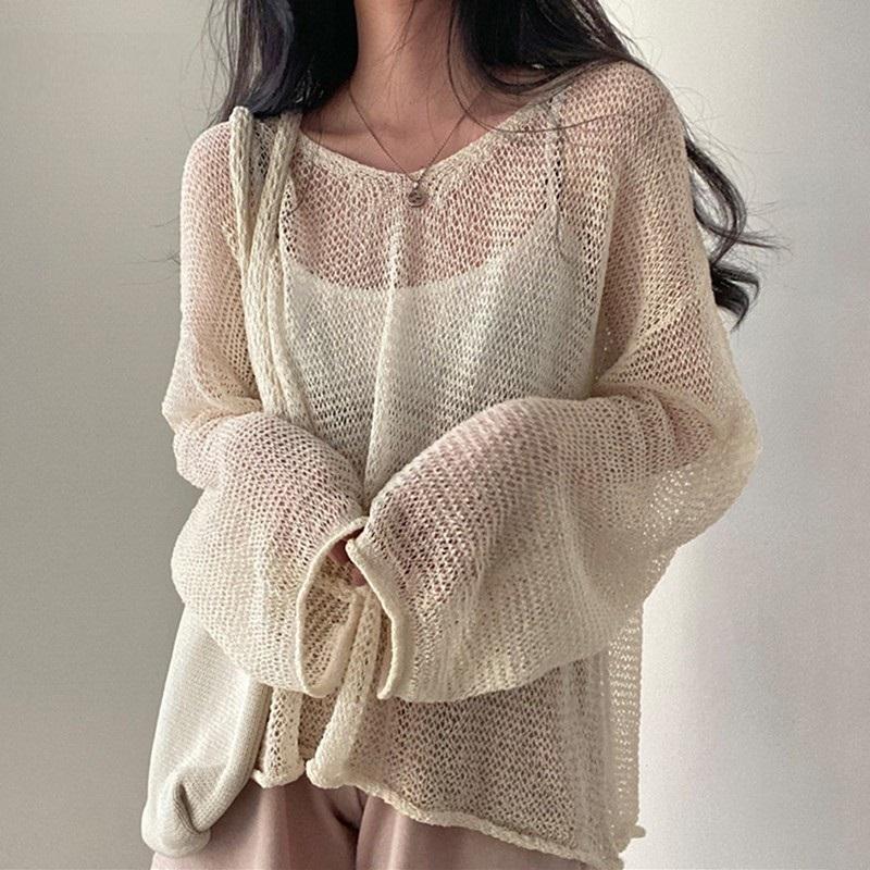 

Women's Sweaters Casual Loose Full Sleeves Jumpers Tops Hollow Out Sexy See Through Women Thin Knitted Sweater Streetwear Femme PulloversWom, Blue