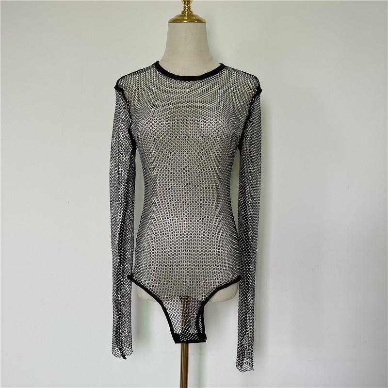 

Women's Swimwear Long Sleeve Mesh Inlaid Color Crystal Tight Beach Swimming Pool Sexy Lady Perspective Glitter Rhinestone Women's Swimsu, Black