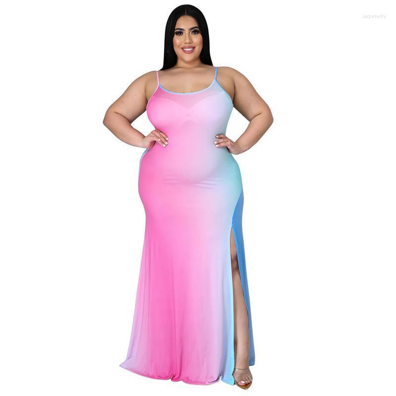 

Plus Size Dresses Women Tank Dress Spaghetti Strap Side Split Robes Summer Gradient Print Casual Sexy Large Camis Maxi Jasp22, Pink