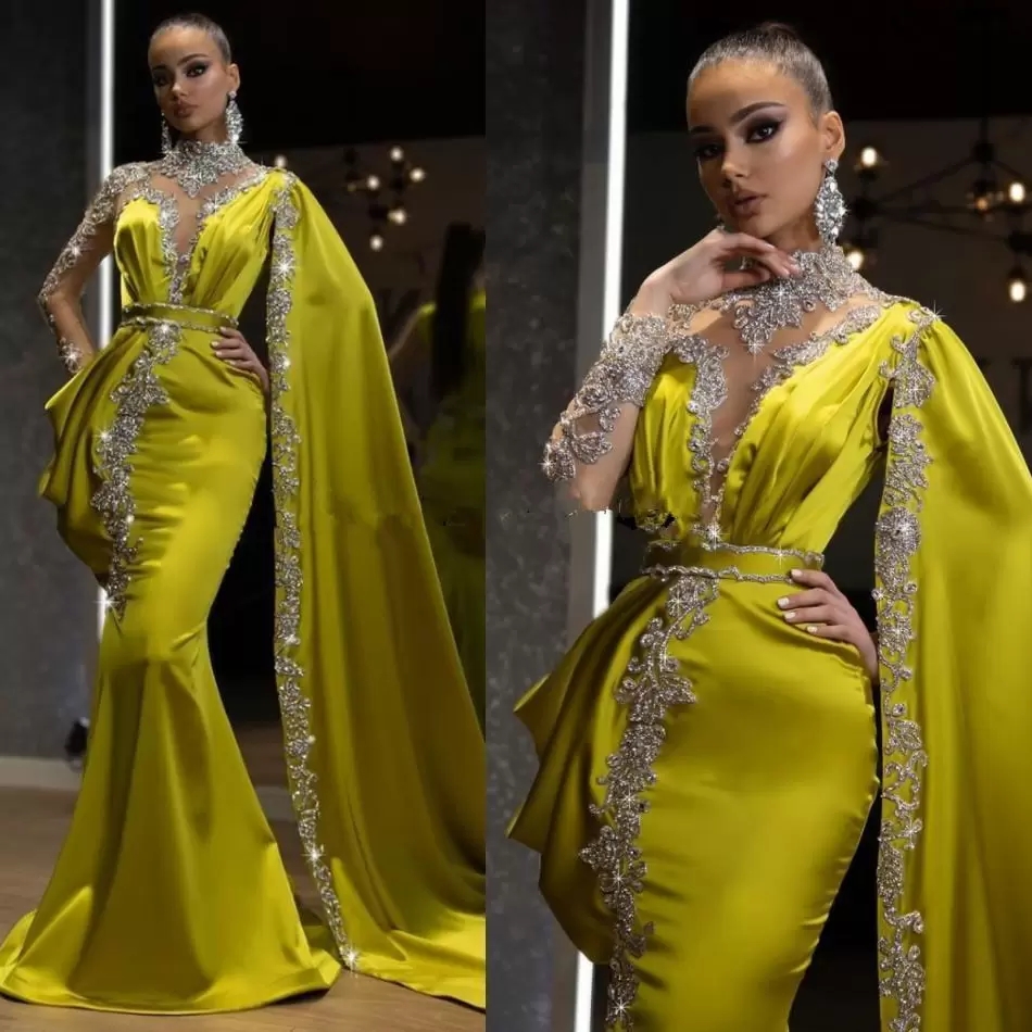 

2022 Arabic Lemon Green Luxury Crystals Formal Evening Dresses Mermaid Style Dubai Indian High Neck One Sleeve Cape Beads Long Trumpet Prom Dress, White
