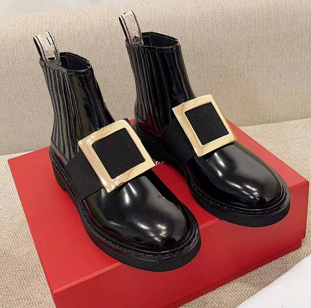 

Rhinestone Square Buckle Martin Boots Women's Spring and Autumn New Patent Leather Design Ladies Chelsea Short ankle Boots 34-41, Fleece inside