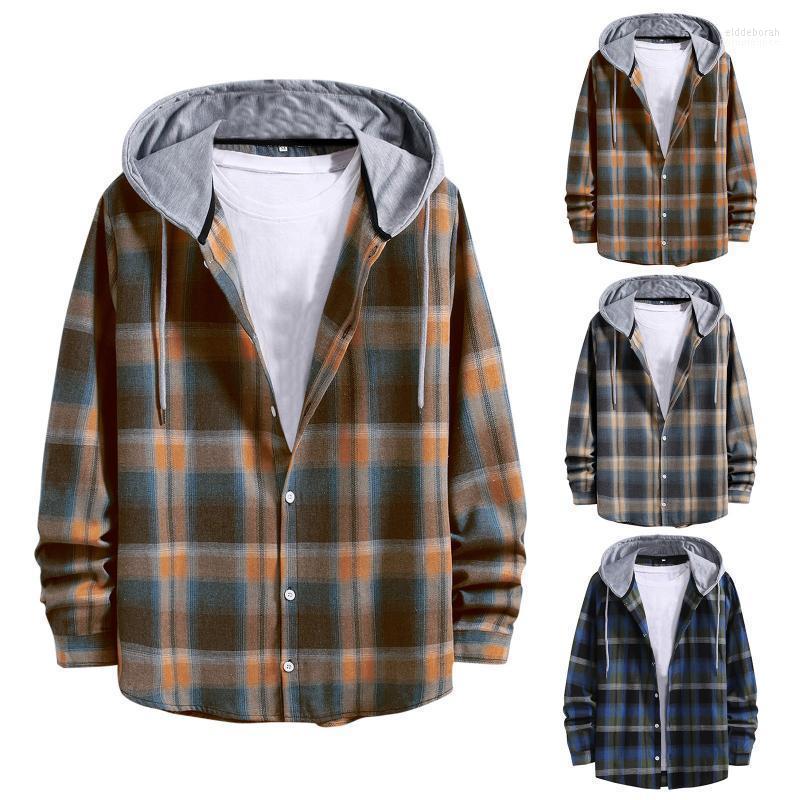 

Men' Casual Shirts Camisas Masculina Autumn Plaid Long Sleeve Pullover Shirt Top Hooded Blouse Collar Male Warm Eldd22