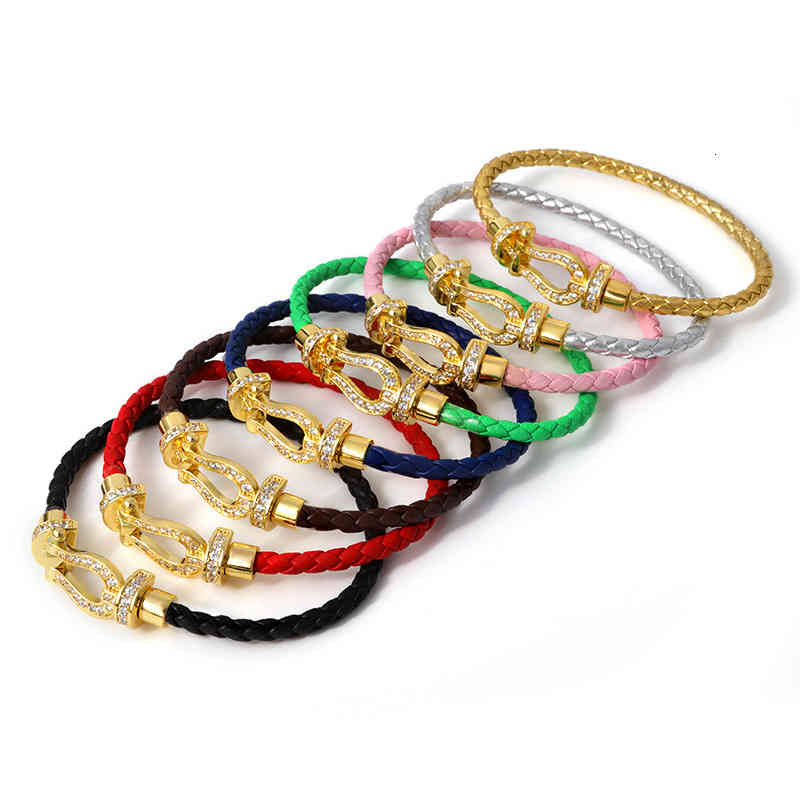 Bracelets Trendy Magnetic Buckle Horseshoe Inlaid Brick Leather Rope U-shaped Head Micro Three Colors-image-766509730