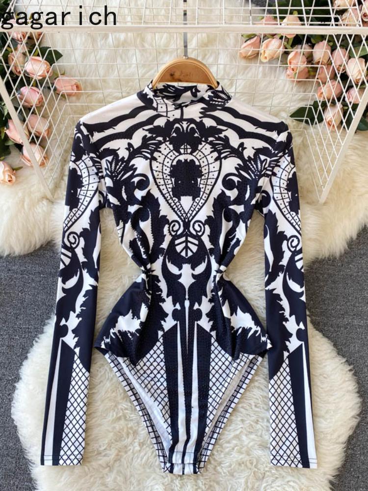 

Women's Blouses & Shirts Gagarich Women Shirt Western Print 2022 Spring Autumn One Piece Top Sexy Stand-up Collar Bottoming Ladies Jumpsuit, Black