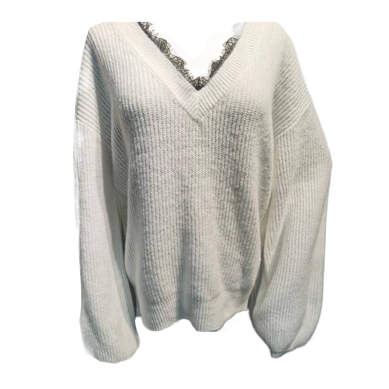 

lace v neck sweater long sleeve knitted bottoming shirt, White