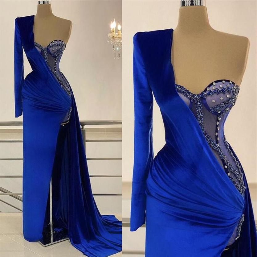 2022 New Royal Blue Velvet Mermaid Prom Dresses One Shoulder Side Split Beads Evening Dress Custom Made Appliques Ruffles Floor Length Celebrity