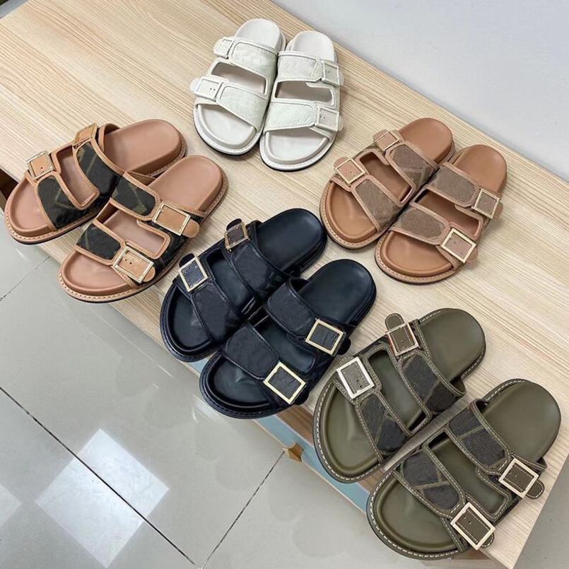 

2022 Men Women Designer Sandals Canvas Slides Double Strap Flat Buckle Slippers Mule Shoes Leather Bottom Beach Slides Rubber Soles Summer Flip Flops With Box NO394, Sock