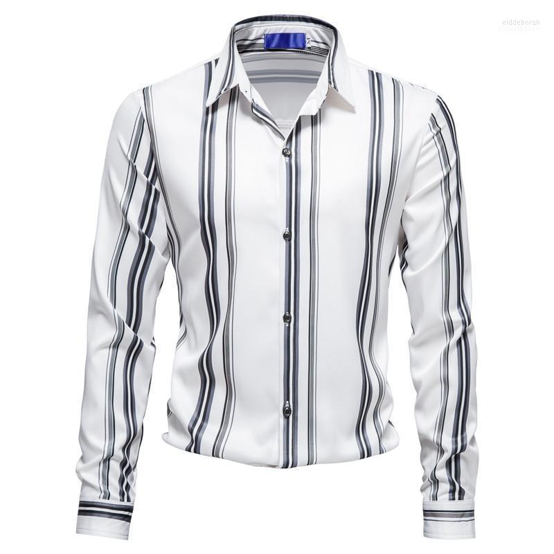 

Men' Casual Shirts Fashion Striped Print Long Sleeve Shirt 2022 Brand Male Loose Single Breasted Business Eldd22, White