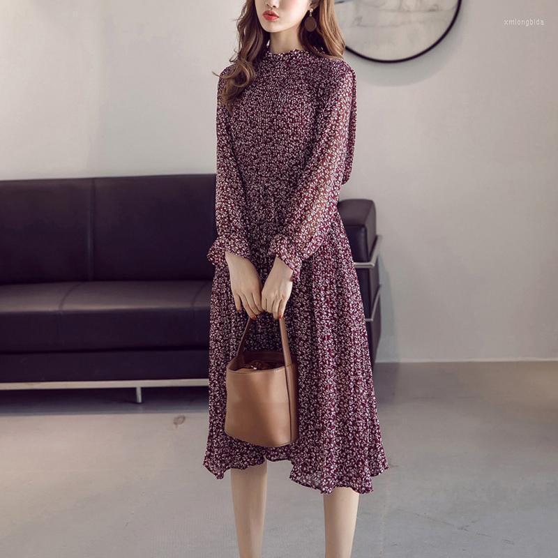 

Casual Dresses Elegant Losoe Chiffon Bohemian Dress Spring Ruched Women A-line Floral Print Female Mid-length Vestidos Plus Size Casual, Black