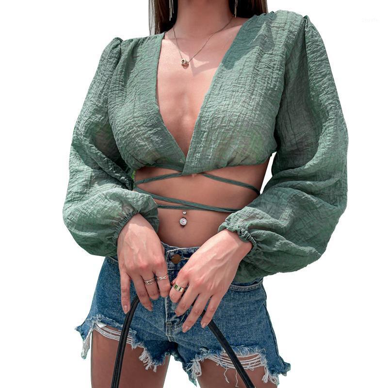 

Women' Blouses & Shirts 2022 Fashion Ladies Sexy Bandage Women Long Sleeve V Neck Solid Shirt Casual Puff Tie Up Short Tops Streetwear, Green
