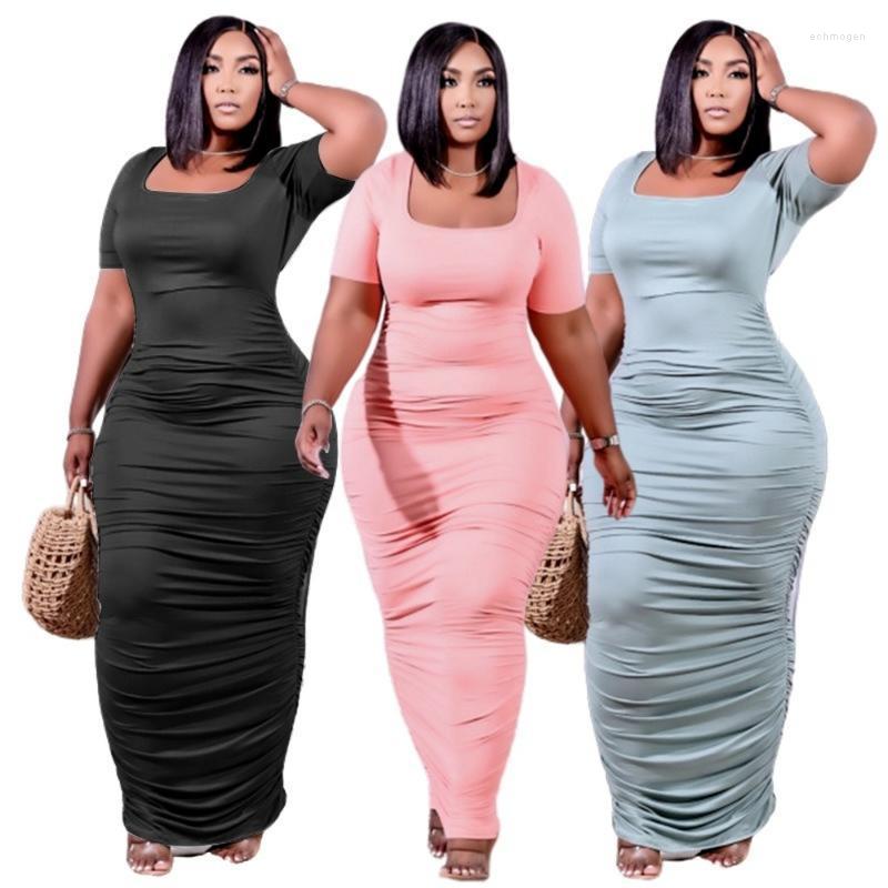 

Plus Size Dresses Solid Folds Casual 5XL Dress Women 2022 Summer Fashion Pleated Round Neck Sexy Black Long Bodycon Clothing Lady Echm22