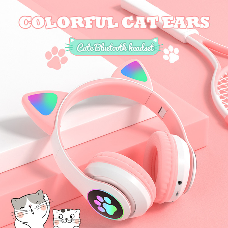 

Wireless Headphones Cat Ear With Mic Bluetooth-compatible Cool Glow Light Stereo Bass Helmets Kids Gamer Girl Gaming Headset, White pink
