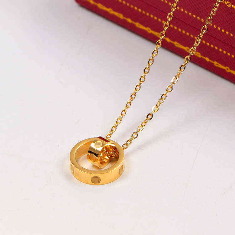 

Luxury Necklace for Woman womens mens Designer CZ Jewelry 45cm LOVE Dual Circle Pendant Rose Gold Color Vintage Collar Costume cartttier