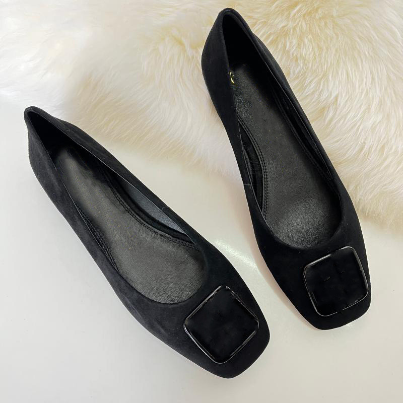 

Luxury square toe shallow mouth square buckle flat women's shoes leather suede comfortable all-match ballet shoes, Khaki pu