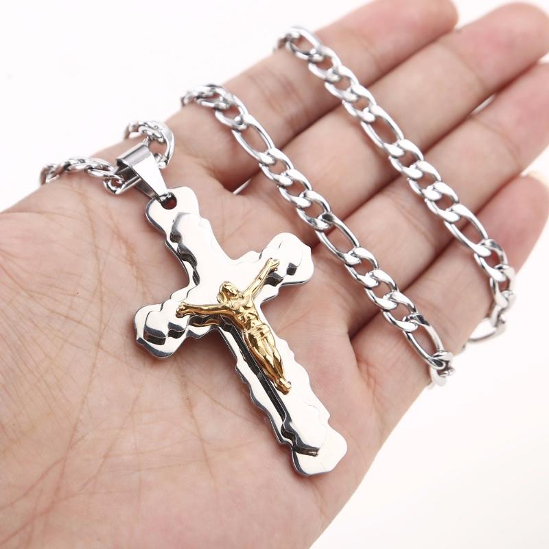 

Pendant Necklaces Christian Cross Gold Silver Tone Stainless Steel Crucifix Jesus Necklace Figaro Link Chain Mens Jewelry GiftPendant