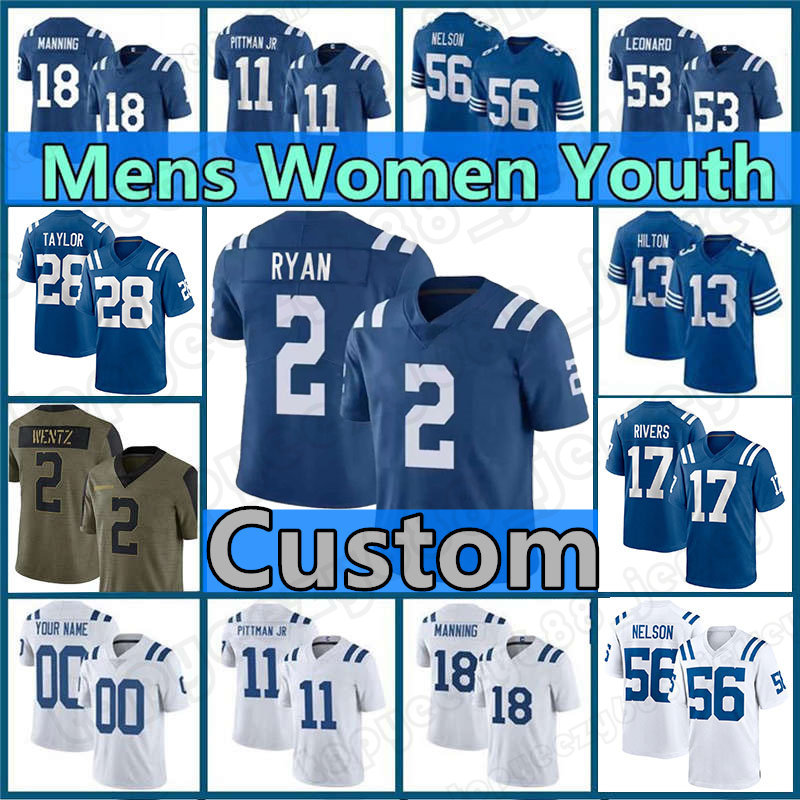 

Custom 2 Matt Ryan Indianapoli Football Jerseys 11 Michael Pittman Jr. Darius Leonard Jonathan Taylor Mens Michael Pittman Jr Quenton Nelson Peyton Manning, Custom youth(x m)