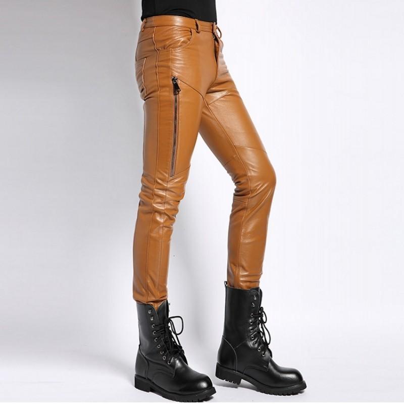 

Men's Pants Genuine Leather Men Clothing 2022 Streetwear Real Natural Sheepskin Casual Slim Pencil High Street Zippers TrousersMen's, Black
