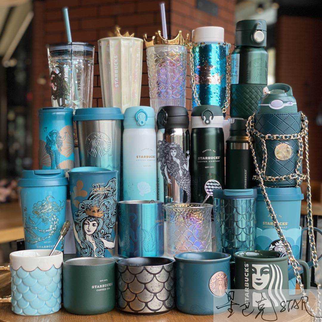 Starbucks Christmas Valentine's day dark green Mermaid goddess crown fish scale tail glass straw mark thermos cup-image-760295083
